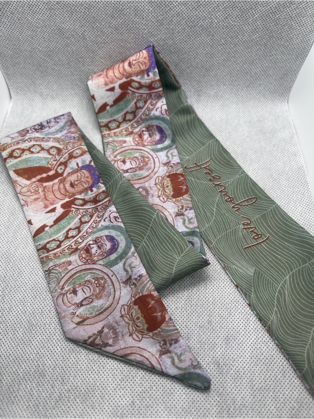 Twilly Scarf with Green & Earth Tone Buddha Motif